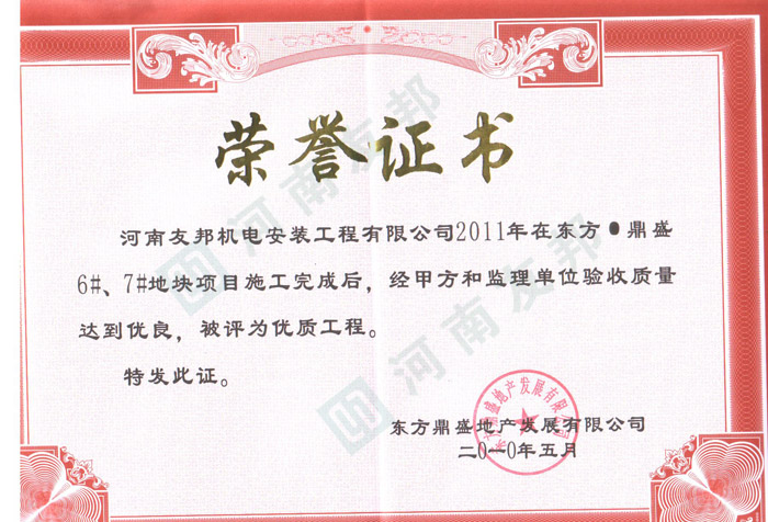 东方鼎盛荣誉证书